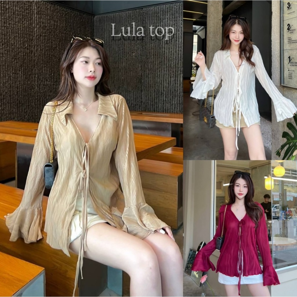 ARPA 💖 Lula top เสื้อแขนยาวคอปกแต่งระบายที่แขน เสื้อผูกอกไปทะเล ป้าย SHEENy (ลายคลื่น)
