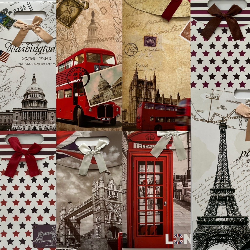 ถุงของขวัญ Paper Gift Bag ลาย City สีสวยคลาสิค ขนาด M, L หูหิ้วถนัดมือ กระดาษพรีเมี่ยมแข็งหนา มีฝาปิดปากถุง