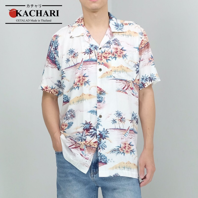 ส่งฟรี KACHARI เสื้อฮาวาย ผ้าเรยอน ลายเกาะฮาวาย สีขาวลายแดง