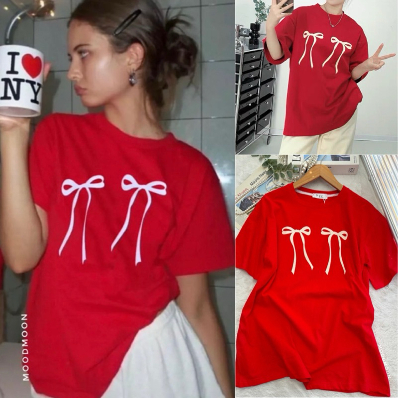NEW Bow t-shirt เสื้อยืดทรง oversize สกรีนลาย เนื้อผ้าcotton เกรดดีฟอกนิดๆนุ่มมือ ใส่สบายมาก