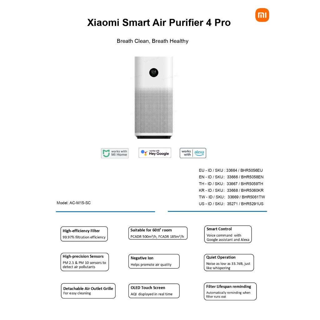 Xiaomi Smart Air Purifier 4 Compact / Lite / Pro เครื่องฟอกอากาศ กรองฝุ่น PM 2.5. (รับประกันศูนย์ไทย 1 ปี)