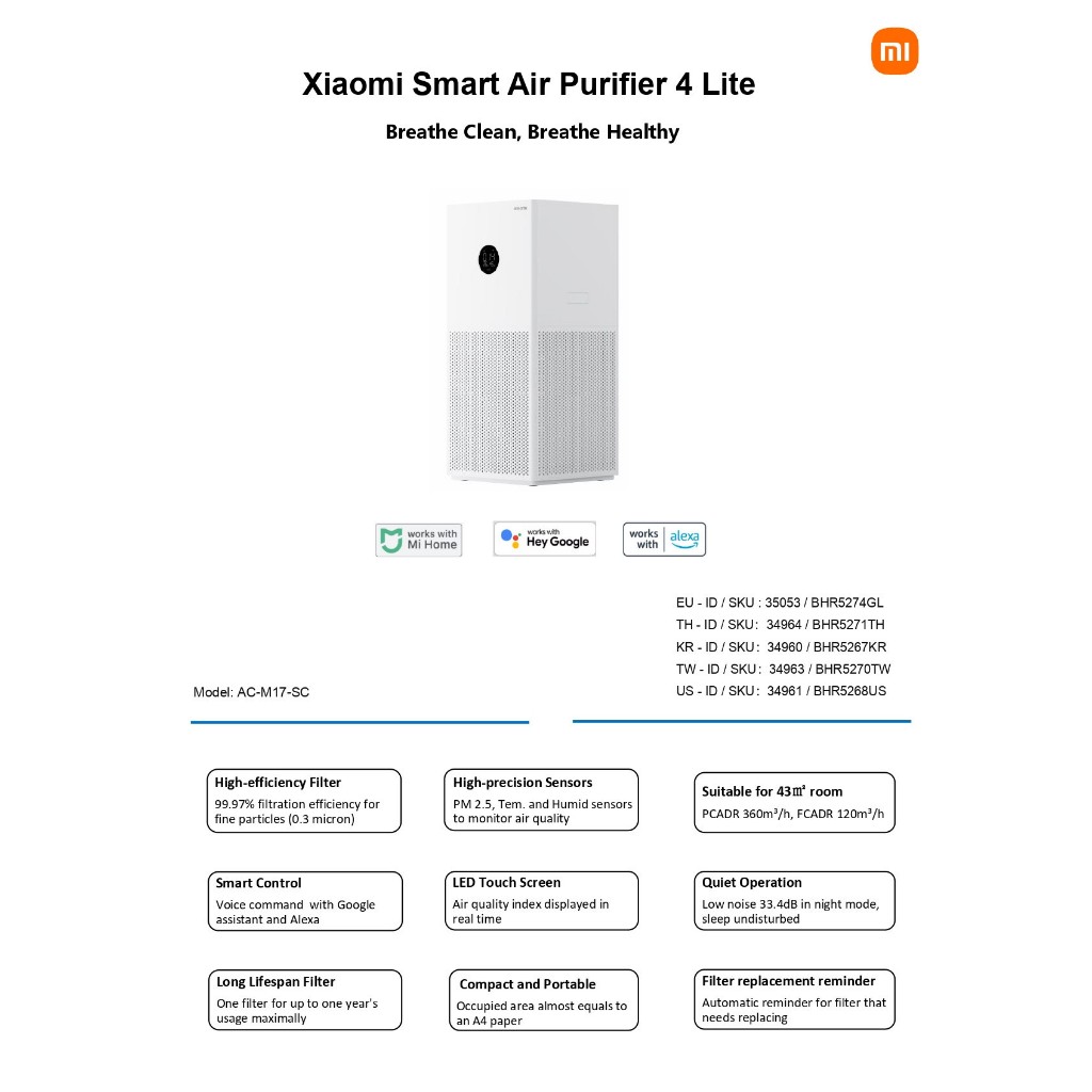Xiaomi Smart Air Purifier 4 Compact / Lite / Pro เครื่องฟอกอากาศ กรองฝุ่น PM 2.5. (รับประกันศูนย์ไทย 1 ปี)