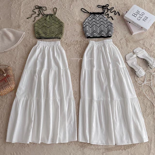 ชุดเซต 2 ชิ้น มินิมอลตรีมทะเล เสื้อถักสายเดี่ยว+กระโปรงยาว
