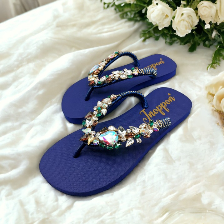 รองเท้าแตะผู้หญิงสวยๆสีน้ำเงินประดับเพชรคริสตัล แบรนด์ Jnoppon รุ่น N450