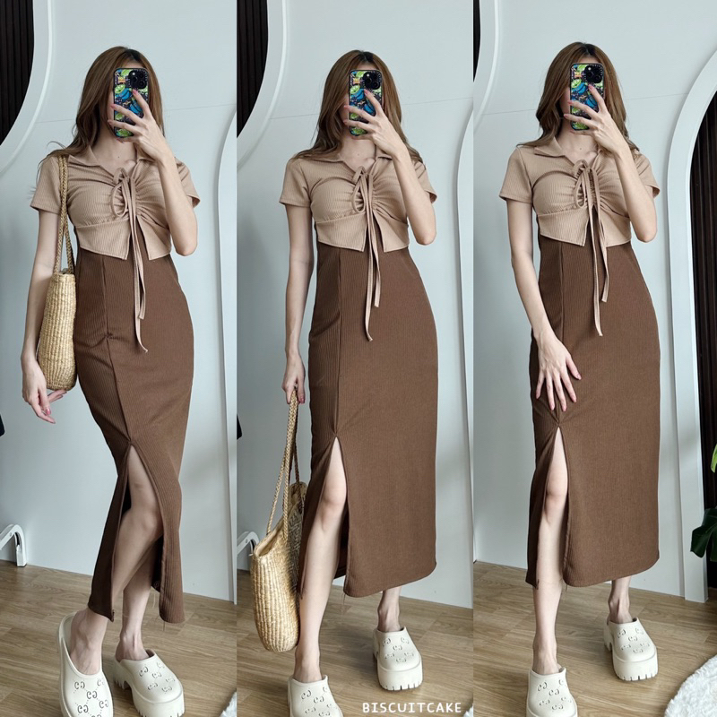 VIOLET DRESS ชุดเดรสแขนสั้นคอปกตัวยาวทูโทน มีเชือกรูดกลางอก ผ้าท็อปทวิล ราคา ถูกที่สุด ดีลบีเคเค แกลเลอรีภาพที่ 5