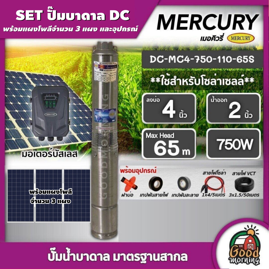 MERCURY  ชุดเลือก ปั๊มบาดาล DC 750W บ่อ4 น้ำออก2นิ้ว รุ่น MC4-0750-110/65S พร้อมอุปกรณ์ แผงโซล่าเซลล์ 3 แผง เมอร์คิวรี่