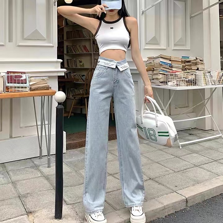 TAIWEI กางเกงเอวพับ กางเกงยีนส์เอวพับ ทรงกระบอก สีฟอกแต่งเฟด ทรงลิซ่า ขากระบอก #8001