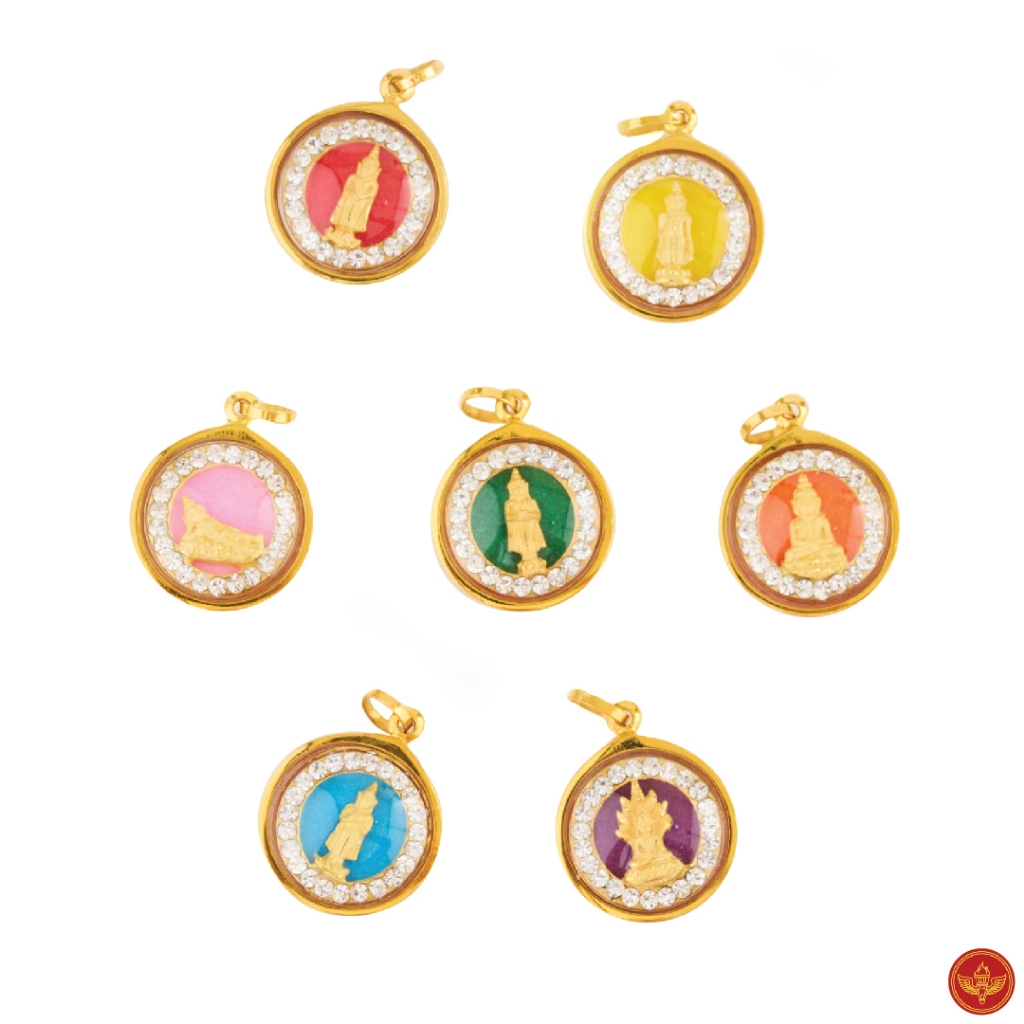 [รวม 7 วัน] LSW Gold จี้พระประจำวัน กรอบทอง 75% ล้อมพลอยสวิส ทรงกลม พื้นสีตามวัน