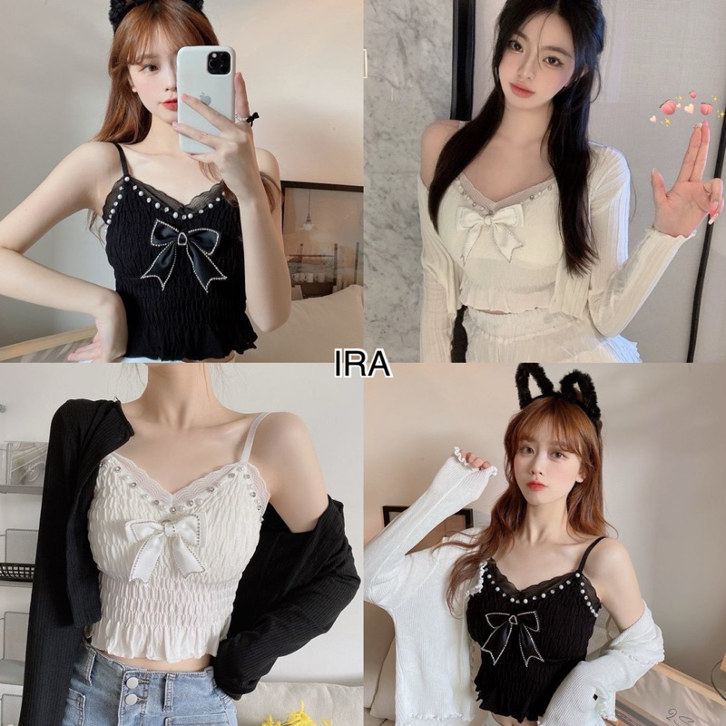 BY IRA (สินค้าพร้อมส่ง)เสื้อสายเดี่ยว สม็อคหลัง กระดุมมุก มีฟองน้ำในตัวประดับโบว์ด้านหน้า