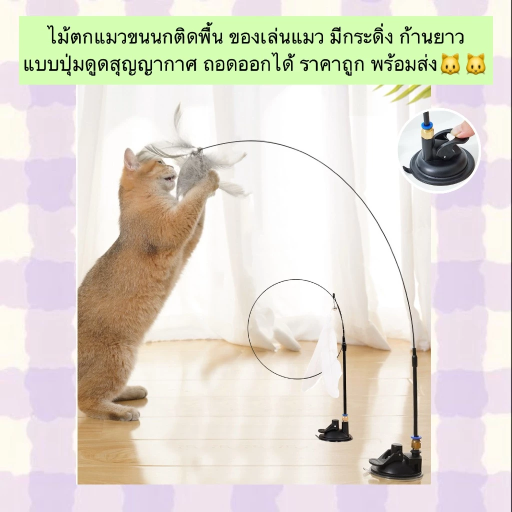 PP-801 ไม้ตกแมว ขนนกติดพื้น มีกระดิ่ง เสียงกรุ๊งกริ๊งน่ารัก 💕 ตั้งพื้นได้ ดูดสุญญากาศแน่นหนึบ ถอดเก็บง่าย พร้อมส่ง