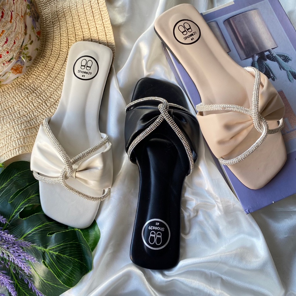 บิ๊กไซส์ Size 41-47 รองเท้าแตะแฟชั่น สวมโบว์ประดับเพชร AN-1593 (4/2) Size 41-47  รองเท้าไซร์ใหญ่