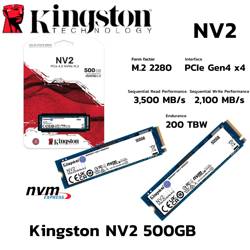500GB SSD (เอสเอสดี) KINGSTON NV2 - PCIe 4.0 NVMe M.2 2280 (SNV2S/500G)