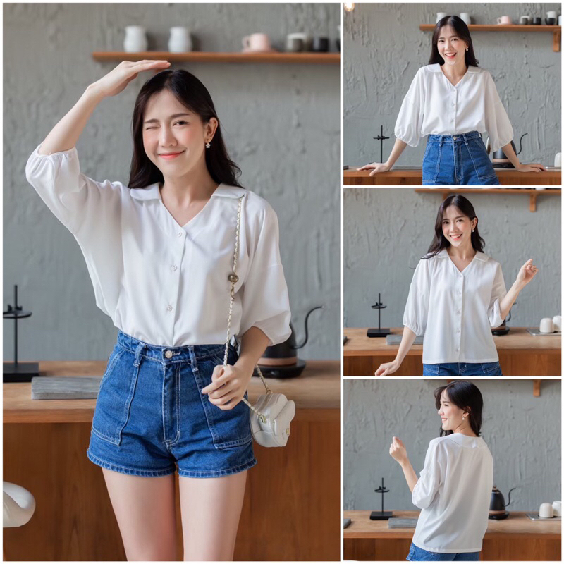 เสื้อทรงคอวี แต่งปก แขนสามส่วน พองนิดๆ
