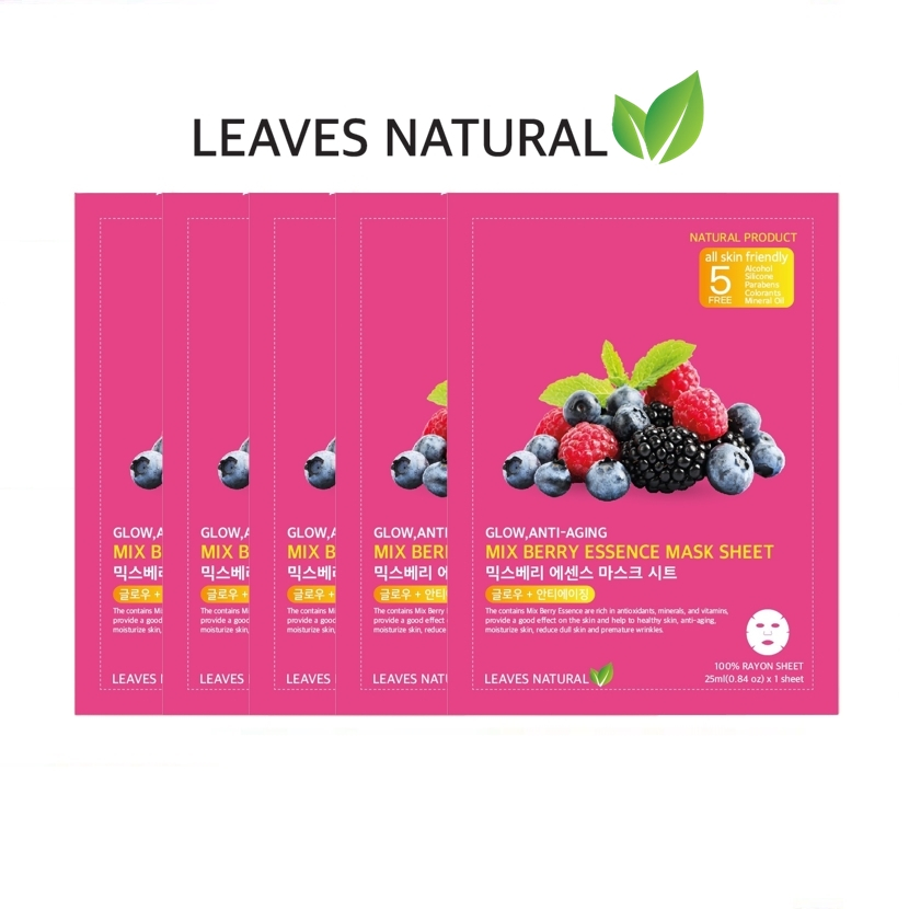 [แพค5แผ่น] LEAVES NATURAL Mix Berry Essence Mask Sheet มาส์กหน้า มิกซ์เบอร์รี่ ให้ผิวใส ฉ่ำวาว
