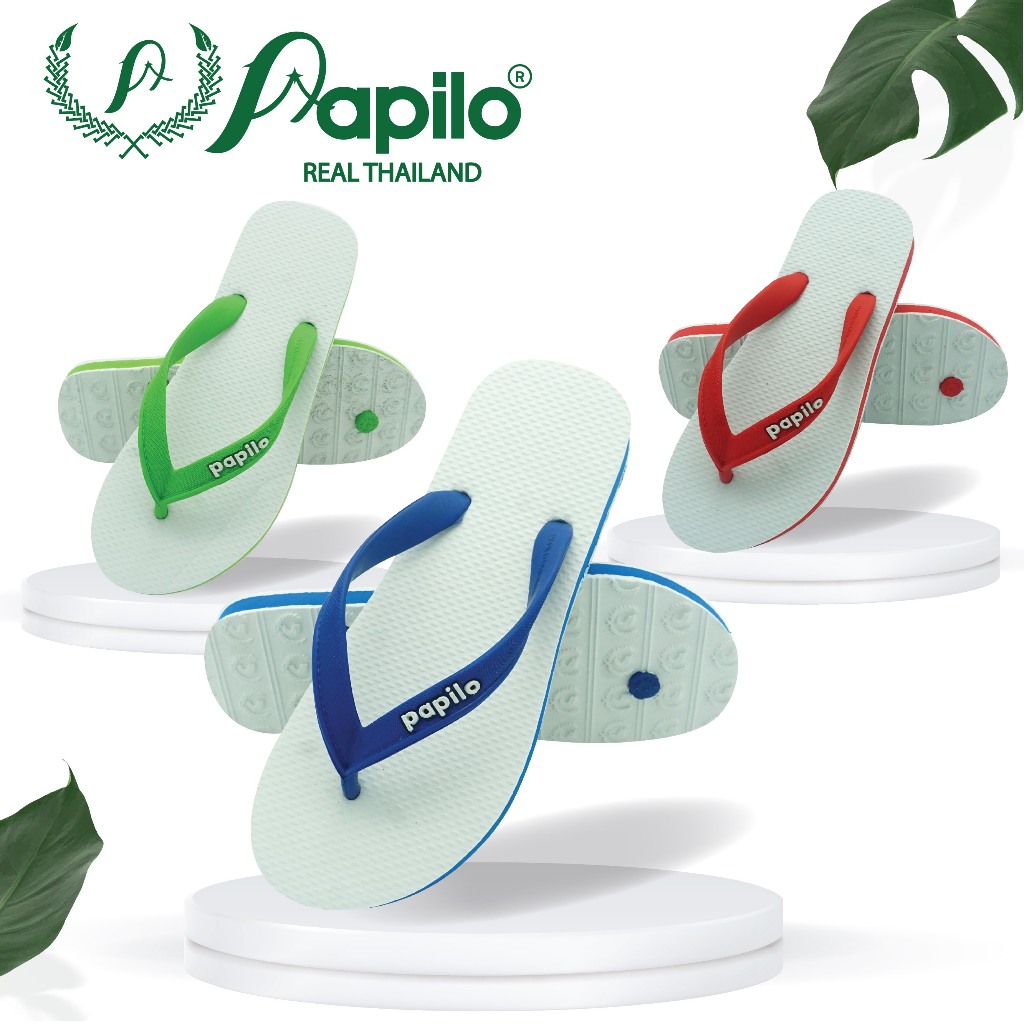 PAPILO REAL รองเท้าแตะ รุ่นคลาสสิคใส่สบายไม่ลื่น เพราะสินค้าเป็นยางพาราแท้ น้ำหนักเบา พื้นสีขาวสอดสอดไส้ น้ำเงิน แดง ตอง