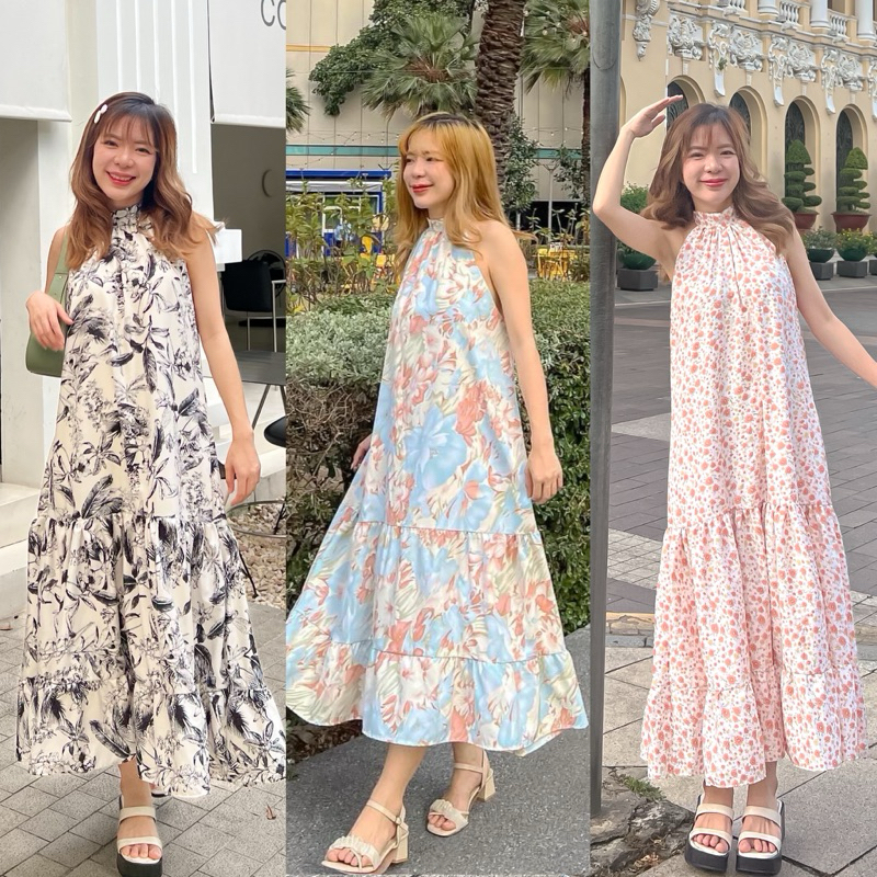 🇹🇭พร้อมส่ง1-2วัน 🇹🇭hawaii dress🍋🍊 เดรสยาวไปทะเล ไปคาเฟ่ไปเที่ยวลายดอกไม้
