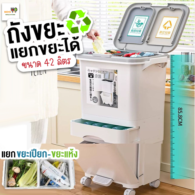 ถังขยะ ถังขยะแยกประเภท ถังขยะมินิมอล มี 2 ช่อง ขนาด 38 42 45L สำหรับห้องครัว มีฝาปิด พร้อมล้อเลื่อน แยกขยะได้
