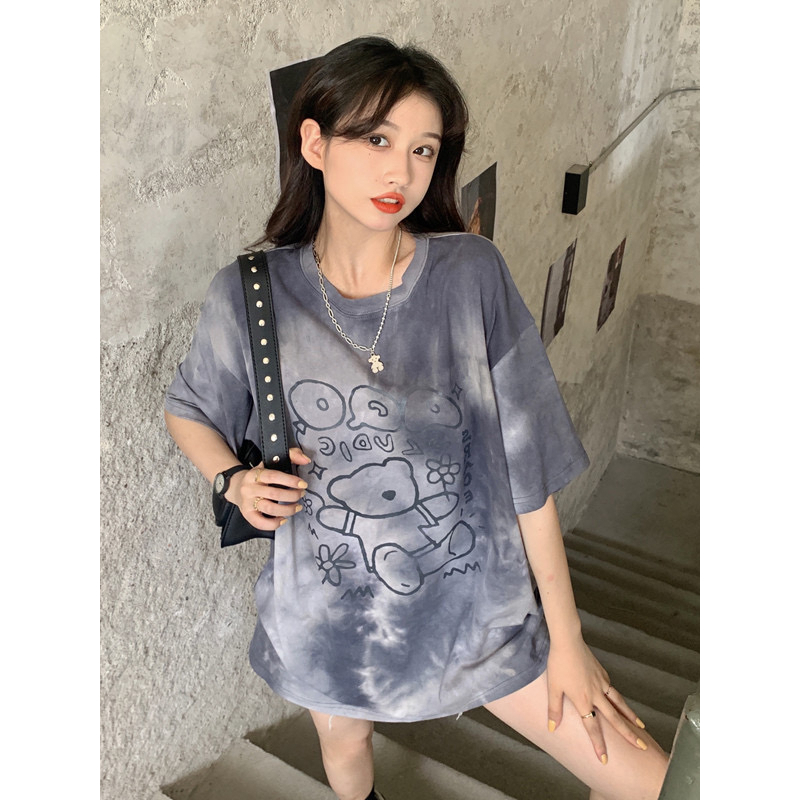 เสื้อยืดผู้หญิงแฟชั่น  ส่วนยาวหลวมของเวอร์ชั่นเกาหลีของฮาจูกุสไตล์มัดย้อมเสื้อยืด ใส่สบาย รหัส123