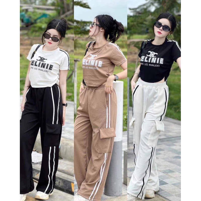 OT ชุดผ้ามูนเวฟ เสื้อแขนสั้นคอกลมเอวจั้ม สกีนลาย Celinie + กางเกงขายาวคาโก้แต่งแถบข้างมีกระเป๋า 4 จุด (สวยมาก ฮิตสุดๆ)