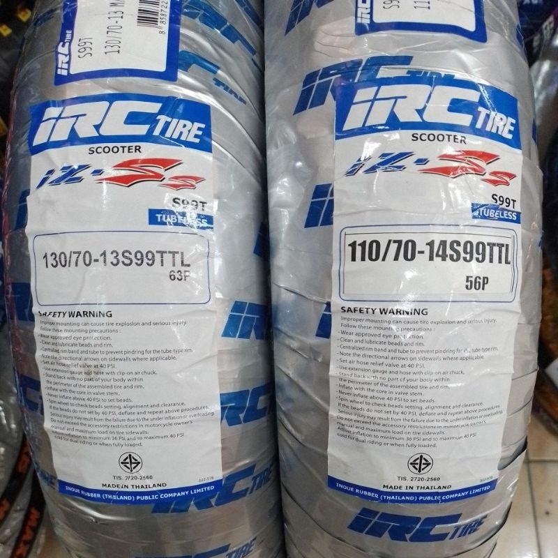 ยางนอก (IRC) izs s99T 1คู่ ล้อหน้า110/70-14 S99TTL56P ล้อหลัง 130/70-13 S99TTL 63P รุ่น:PCX160 (22-2