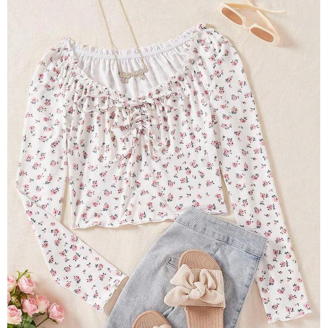 พร้อมส่ง เสื้อยืด ครอป น่ารัก หวานๆ แขนยาว สีชมพูอ่อน ลายดอกไม้ สีชมพู ช่วงอกจีบย่น แต่งปมผูกโบว์ No. sz2308317325240010