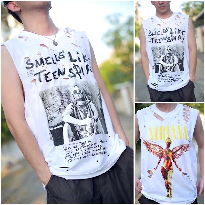 เสื้อขาด เสื้อแขนกุดลายวง สีขาว อก44" ยาว29" ผ้าคอตตอน