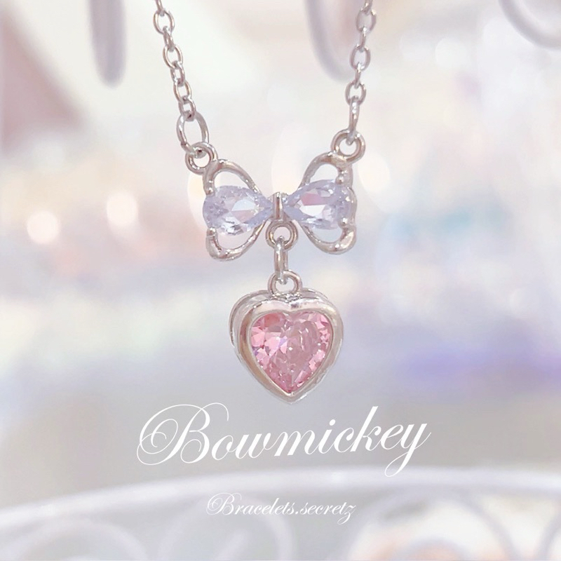 🦋 ลด100฿ + ส่งฟรี 🪞โค้ดหน้าร้าน🩷 🎀 Bow Luv mickey 🩵 สร้อยคอหัวใจโบว์ผีเสื้อชุบเงินแท้ คริสตัลชมพู ม่