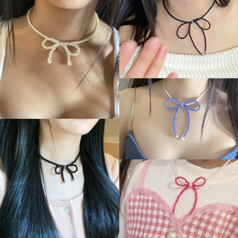 ribbon necklace สร้อยมุกจี้โบว์