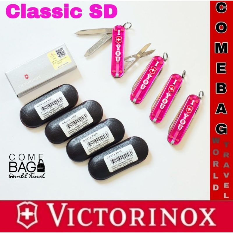 มีดพับVICTORINOX รุ่น Classic SD ลายพิเศษ สีชมพูใส I Love You พร้อมซองหนัง ของแท้ Swiss Made