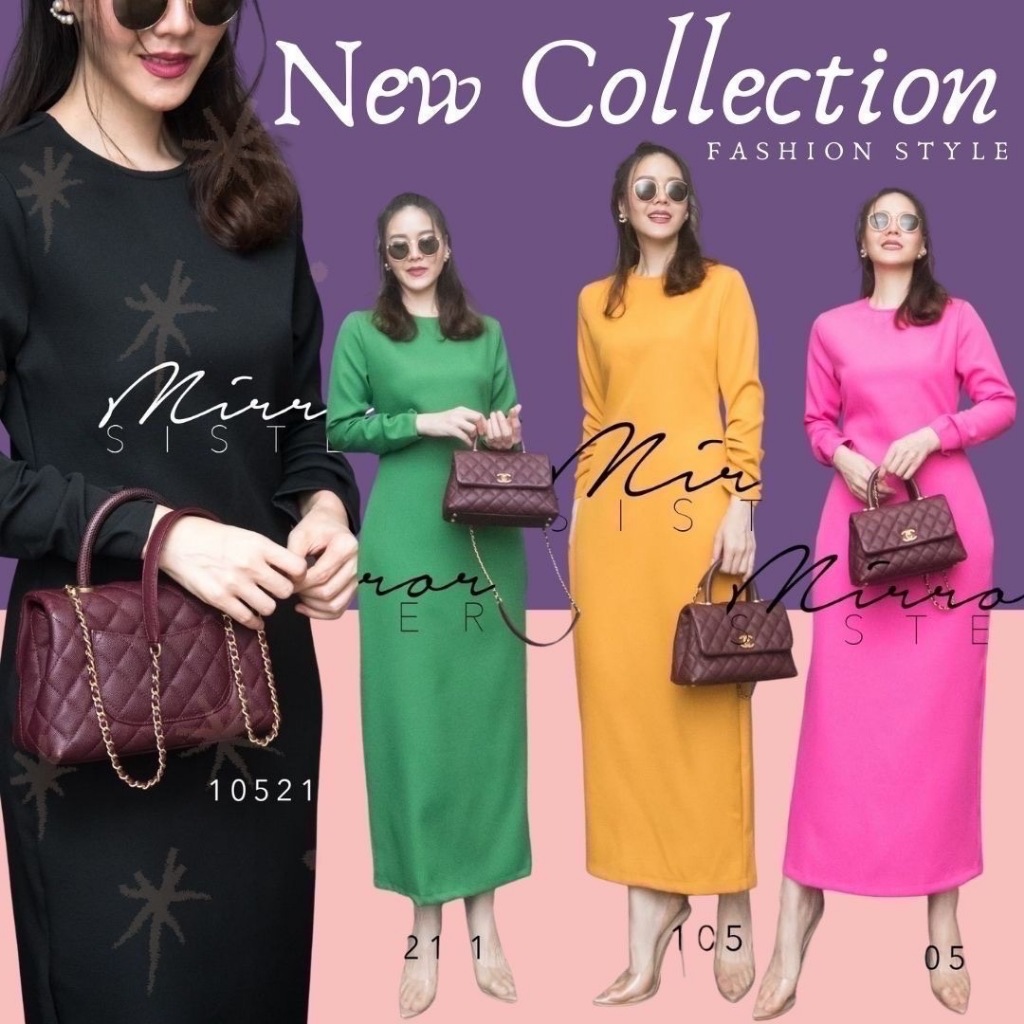 🔖Mirrorsister 10521.1 เดรสตัวยาวทรงเรียบเก๋ ปลายแขนแต่งเย็บขยุ้ม ผ่าหลังสูง ใส่ได้ทุกโอกาส
