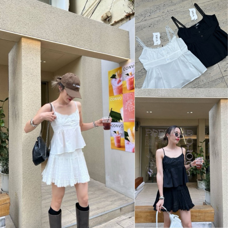 ส่งแมส lace top ✨ เสื้อสายเดี่ยวผ้าเชิ้ตคอตตอนแต่งลูกไม้ ลงตัวสวยสุดๆ