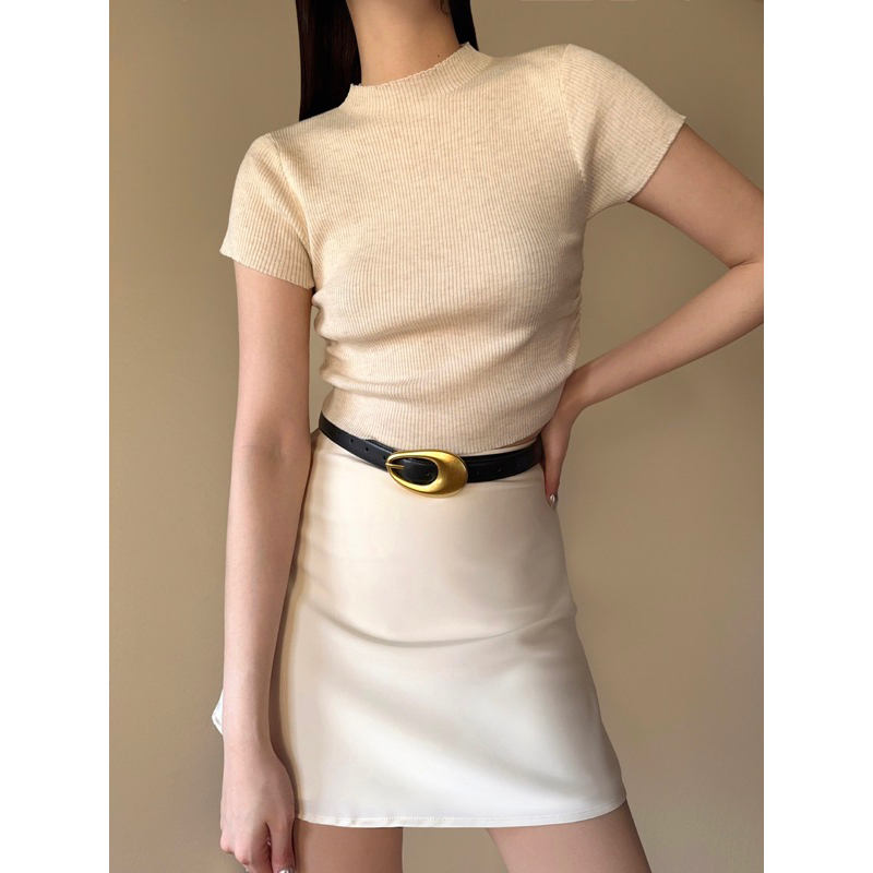 Aliotte - Elysia Top เสื้อคอตั้งแขนสั้นลายร่อง