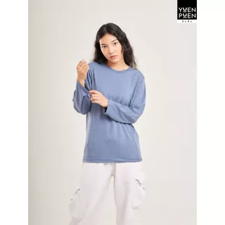 YuenPuen เสื้อยืดแขนยาว สีฟ้าคราม ยืนพื้น ไม่ยืด ไม่ย้วย ไม่ต้องรีด สีพื้น เนื้อผ้านุ่มใส่สบาย
