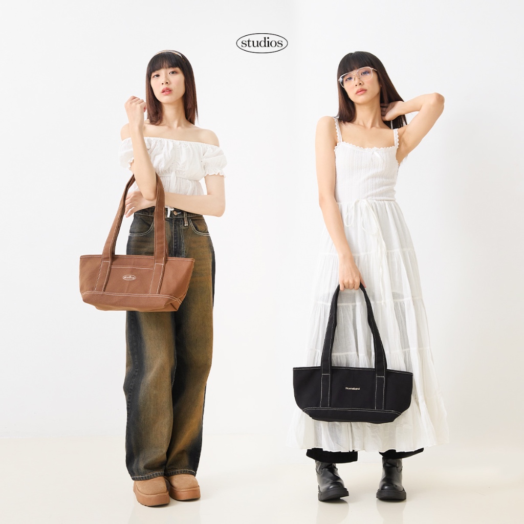 HOMELAND - กระเป๋าผ้า canvas สไตล์ญี่ปุ่น ปักลาย มีซิปปิด สะพายบ่าได้ (Long) สีดำ / สีน้ำตาล