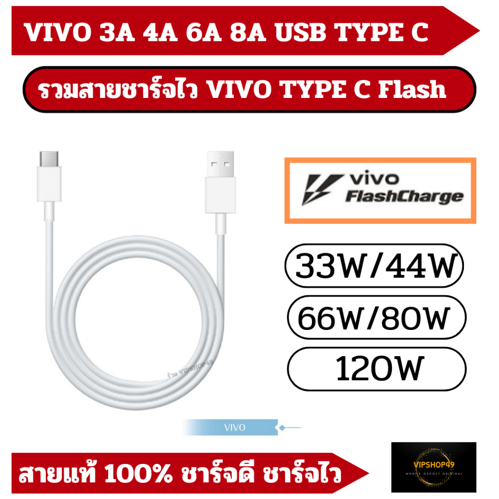 สายชาร์จสำหรับใช้กับ VIVO Flash Charge 33W 44W 66W 80W 120W Usb Type C V23 V24 V25 V27 V29 V30