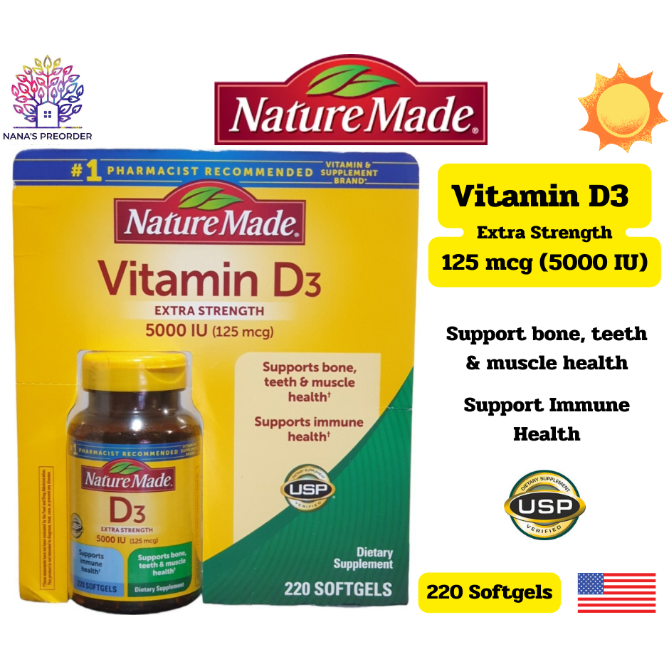 Nature Made Vitamin D3 Extra Strength 5000 IU (125 mcg) วิตามินดี  ขนาด 220 ซอฟเจล ของแท้จากอเมริกา 🇺🇸