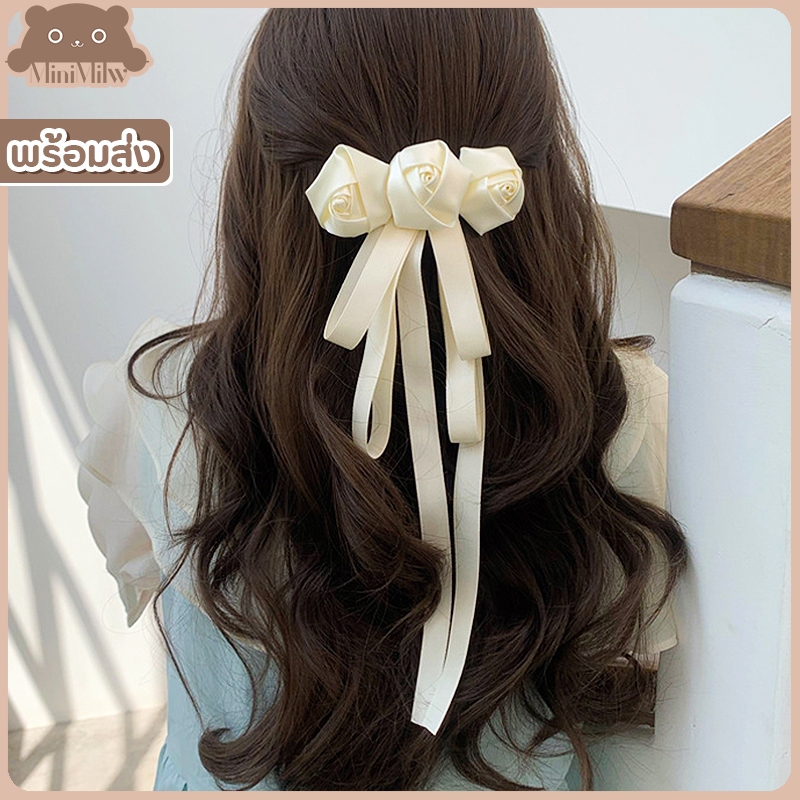[พร้อมส่ง] โบว์ติดผมแต่งดอกกุหลาบสีครีม หวานน่ารัก สไตล์เกาหลี ติดได้หลายลุคหลายโอกาส : MiniMilwʕ•ᴥ•ʔ