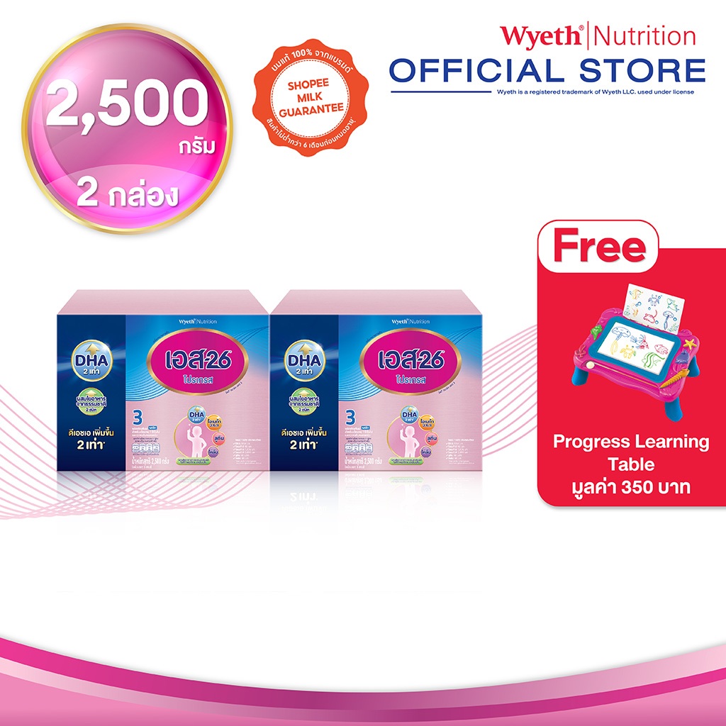 S-26 Progress 2500g นมผง เอส-26 โปรเกรส 2500g (สูตร 3) Pack 2 กล่อง (แพ็กเกจอยู่ระหว่างการเปลี่ยนแปลง) รับฟรี Progress Learning Table
