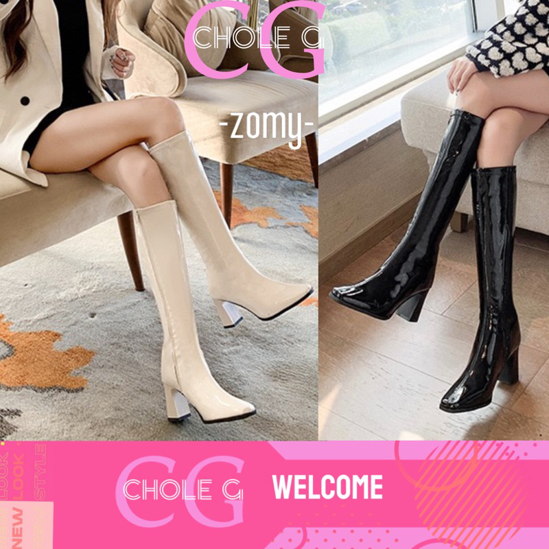 Chole G: zomy Liss Long Boots รองเท้าบูทหนังยาวหนังแก้ว บูทเกาหลี ส้นสูง6cm(SH0131)