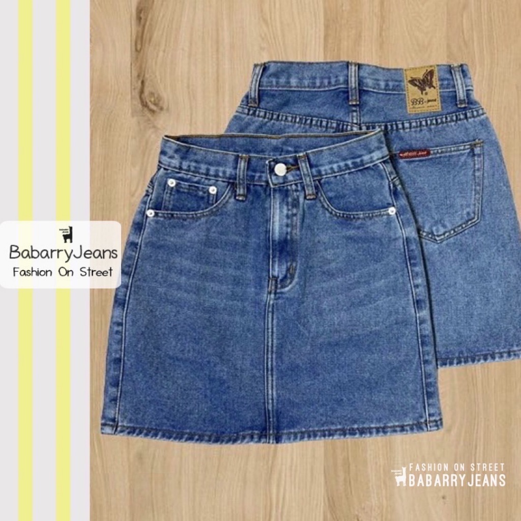 BabarryJeans กระโปรงยีนส์ผู้หญิง เอวสูง สียีนส์ฟอก ยาว 14 นิ้ว