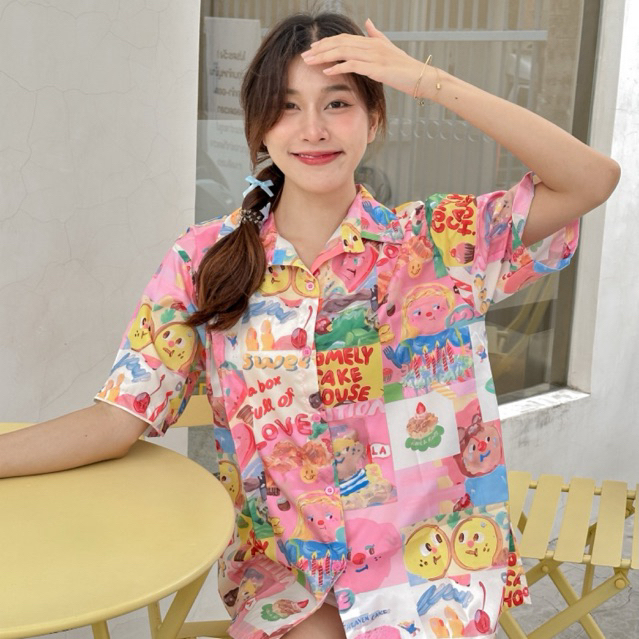 Print shirt เสื้อเชิ้ตฮาวาย ลายน่ารัก เสื้อเชิ้ตน่ารัก การ์ตูน ใส่สบายเหมาะกับอากาศร้อน ไม่ต้องรีด