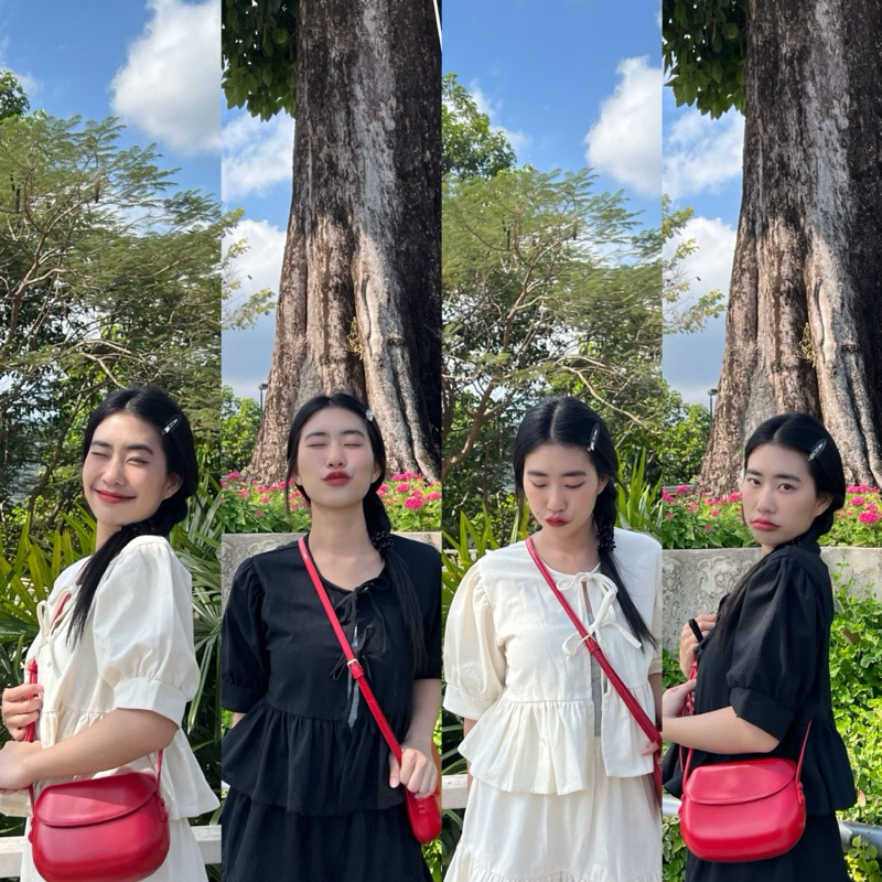 Risa เสื้อกระตุกแขนสั้นจั๊มปลายแขนแต่งระบายผ้าฝ้าย งานเซ็ท 2 ชิ้น