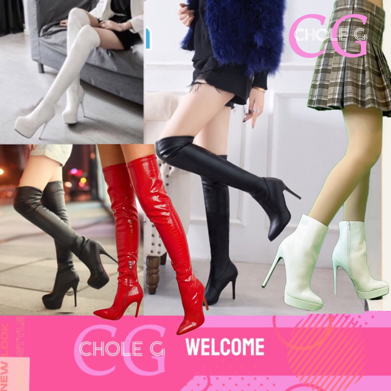 [ส่งไรเดอร์ได้👍] Chole G:Lisa Blackpink รองเท้าบูทส้นสูงยาวถึงเข่าส้น13.5 cm /10cm สไตล์ญี่ปุ่น บูทพริตตี้(SH0051)