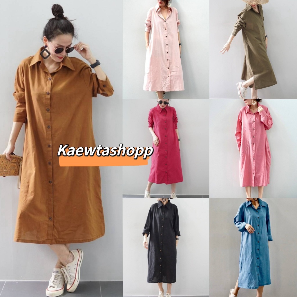 เดรสเชิ้ต ผ้าลินินผสมฝ้าย ตัวยาว ไซส์ใหญ่ แขนยาว kaewtashop