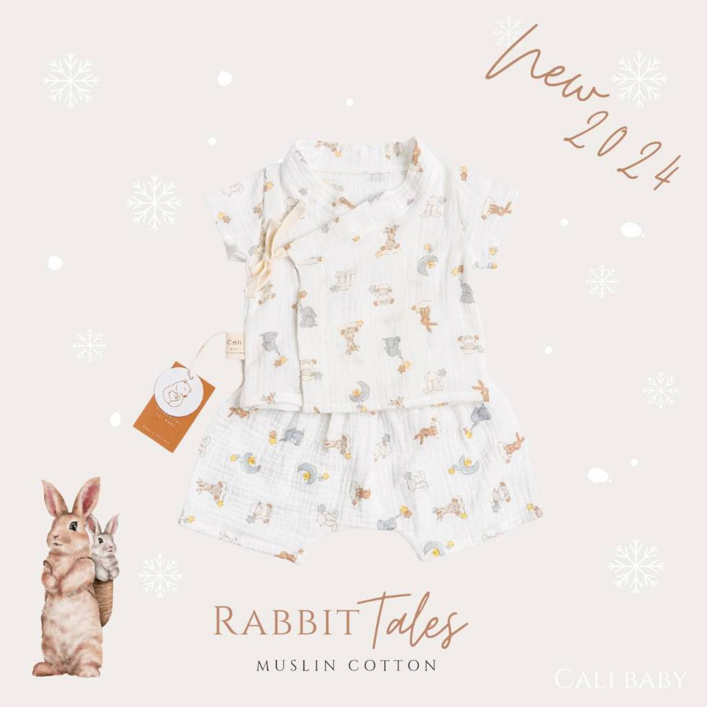 Cali ชุดเสื้อกางเกง เด็กอ่อน​ผูกหน้า 0-3 เดือน ผ้ามัสลินทอ สไตล์เกาหลี *Rabbit tale*ป้าย Cali Baby