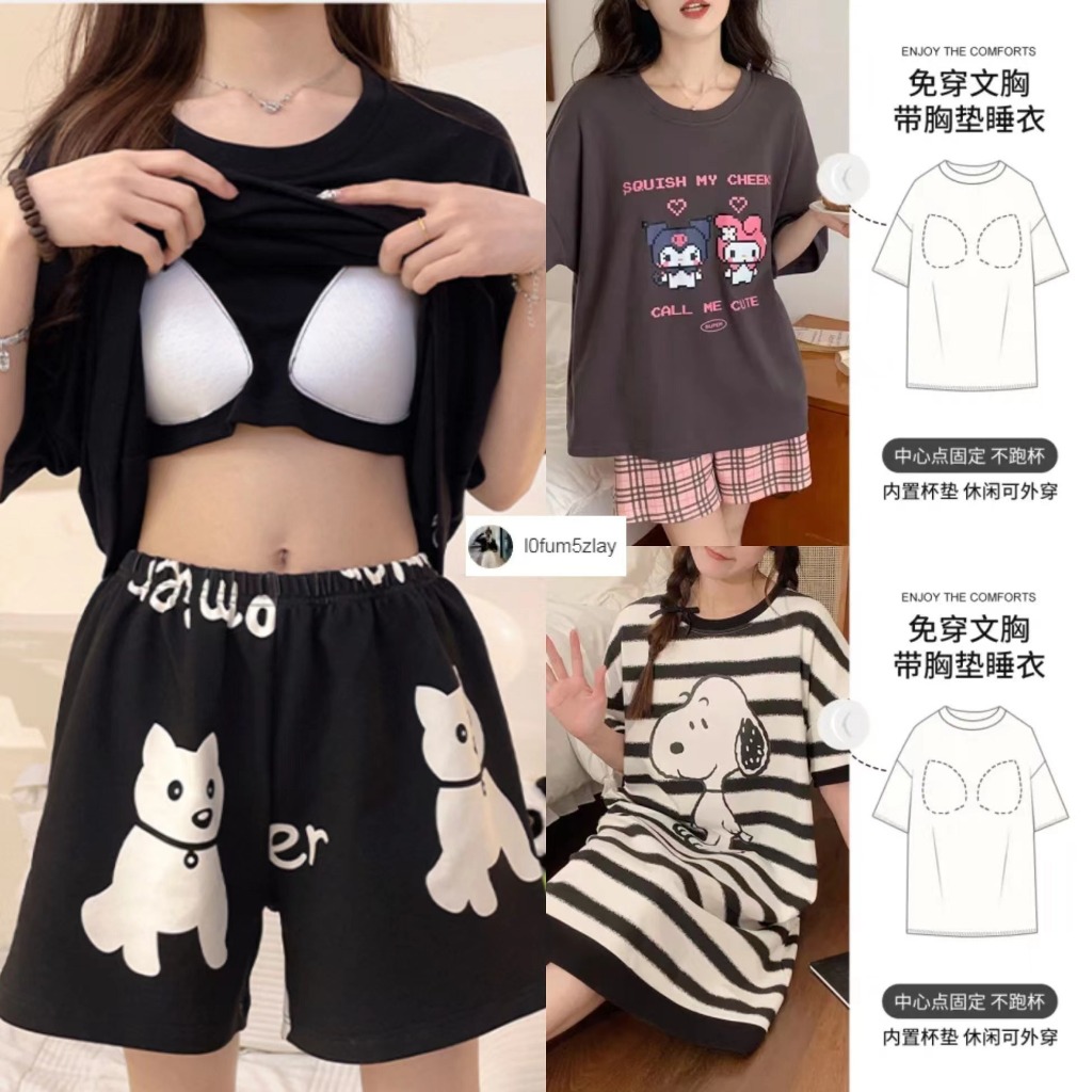 🐶(ราคาถูกที่สุด) ชุดนอน， พร้อมแผ่นรองหน้าอก， ผ้าฝ้ายคุณภาพดี，สไตล์ลําลอง， ได้รับความนิยมอย่างมาก，M-2XL