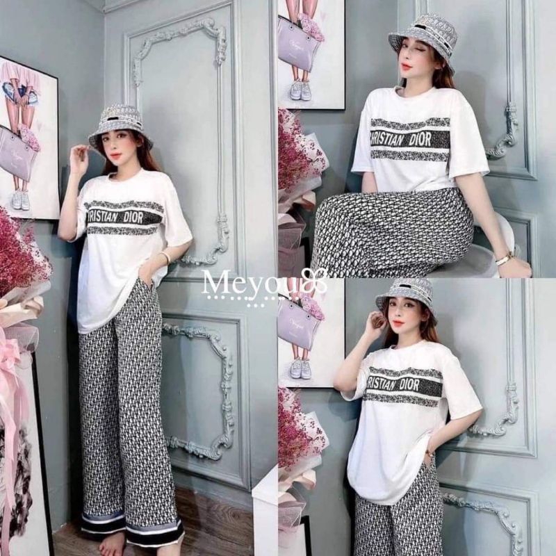 พร้อมส่ง ชุดเสื้อแขนสั้นกับกางเกงขายาวแต่งสกรีนผ้ายืดคอตตอนเนื้อดีงานสวยผ้าใส่สบายงานป้ายMeyou