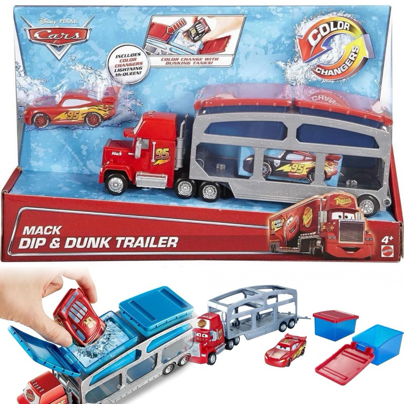 Mattel Disney Cars Toys Mack Toy Truck & Lightning McQueen Color-Change Car, Dip & Dunk Trailer with