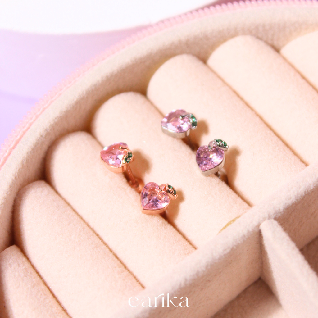 earika.earrings - pinky peach piercing จิวเม็ดกลมเงินแท้รูปคริสตัลพีช เหมาะสำหรับคนแพ้ง่าย