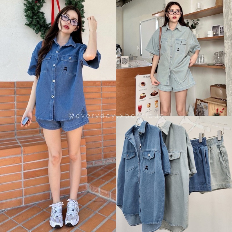 RR denim Set (550฿) ชุดเซ็ตยีนส์รุ่นใหม่ แบบใหม่ แบบเอยเกาหลีเกาใจ เสื้อเชิ้ตแขนสั้น กระดุมเหล็กปั้ม ปักโลโก้ malista
